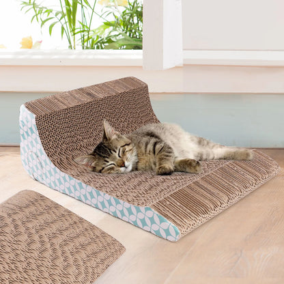 2-In-1 Cat Scratcher Cardboard, Corrugated Cat Scratch Pad - Cat Resting on a Textured Cat Scratcher with a Window and Plants in the Background.