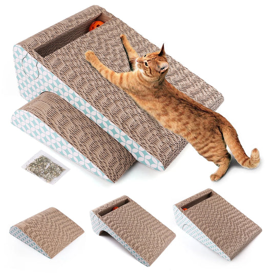 2-In-1 Cat Scratcher Cardboard, Corrugated Cat Scratch Pad - Cat Playing with a Set of Cat Scratchers on a White Background.