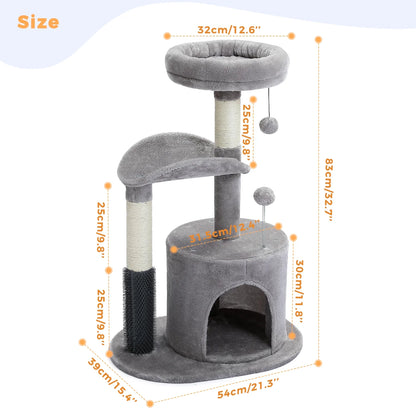 Gray Cat Tree with Dimensions Labeled on a white background.