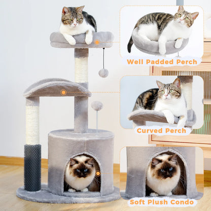 Cat Tree with various features like a Well-Padded Perch, Curved Perch, and Soft Plush Condo with Cats using it.
