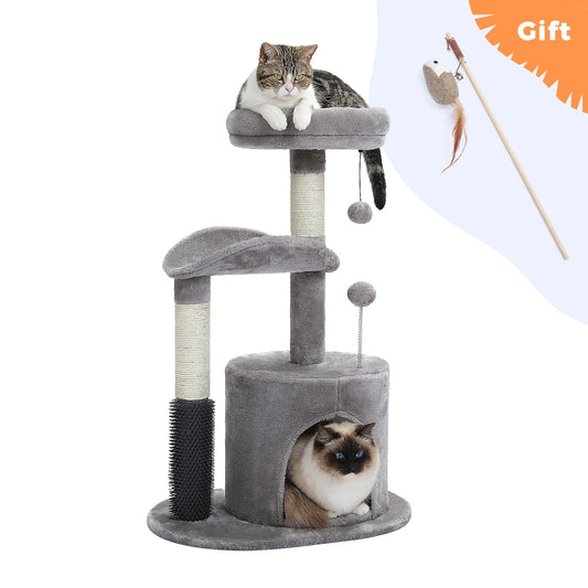 Cat Tree with two Cats on a white background, including a Toy and 'Gift' label.