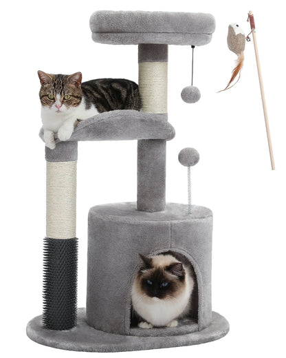 Cat Tree with two Cats and a Feather Wand Toy on a white background.