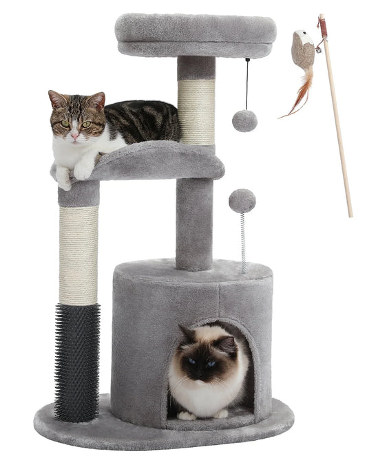 Cat Tree with two Cats and a Feather Wand Toy on a white background.