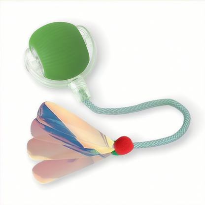 Green silicone device with a retractable rope and colorful handle on a white background