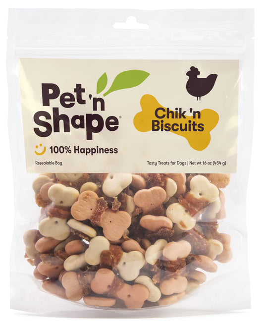 Package of Pet 'n Shape Chik 'n Biscuits dog treats with visible text and branding.