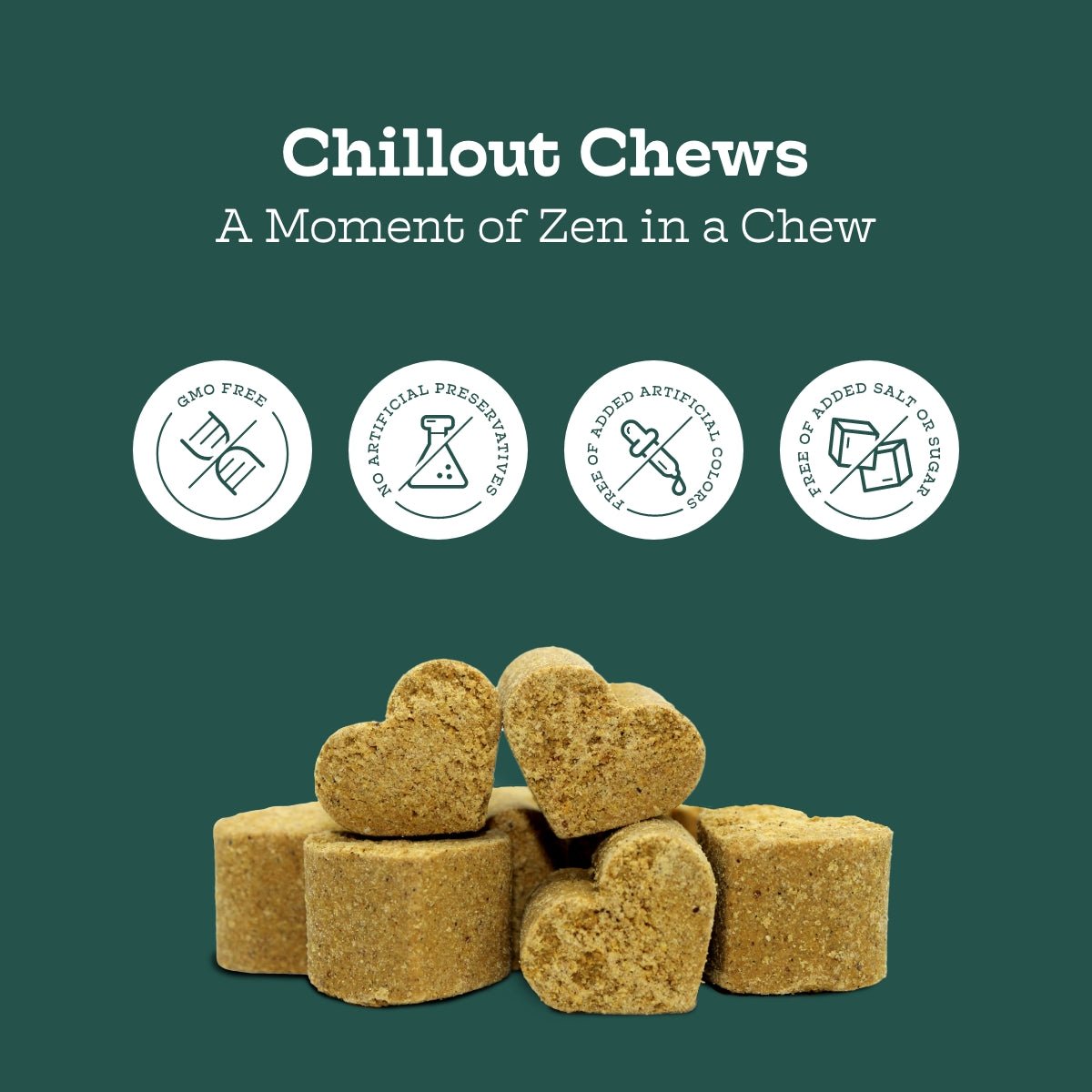 Heart-shaped dog chews with 'Chillout Chews' branding and ingredient icons on a green background
