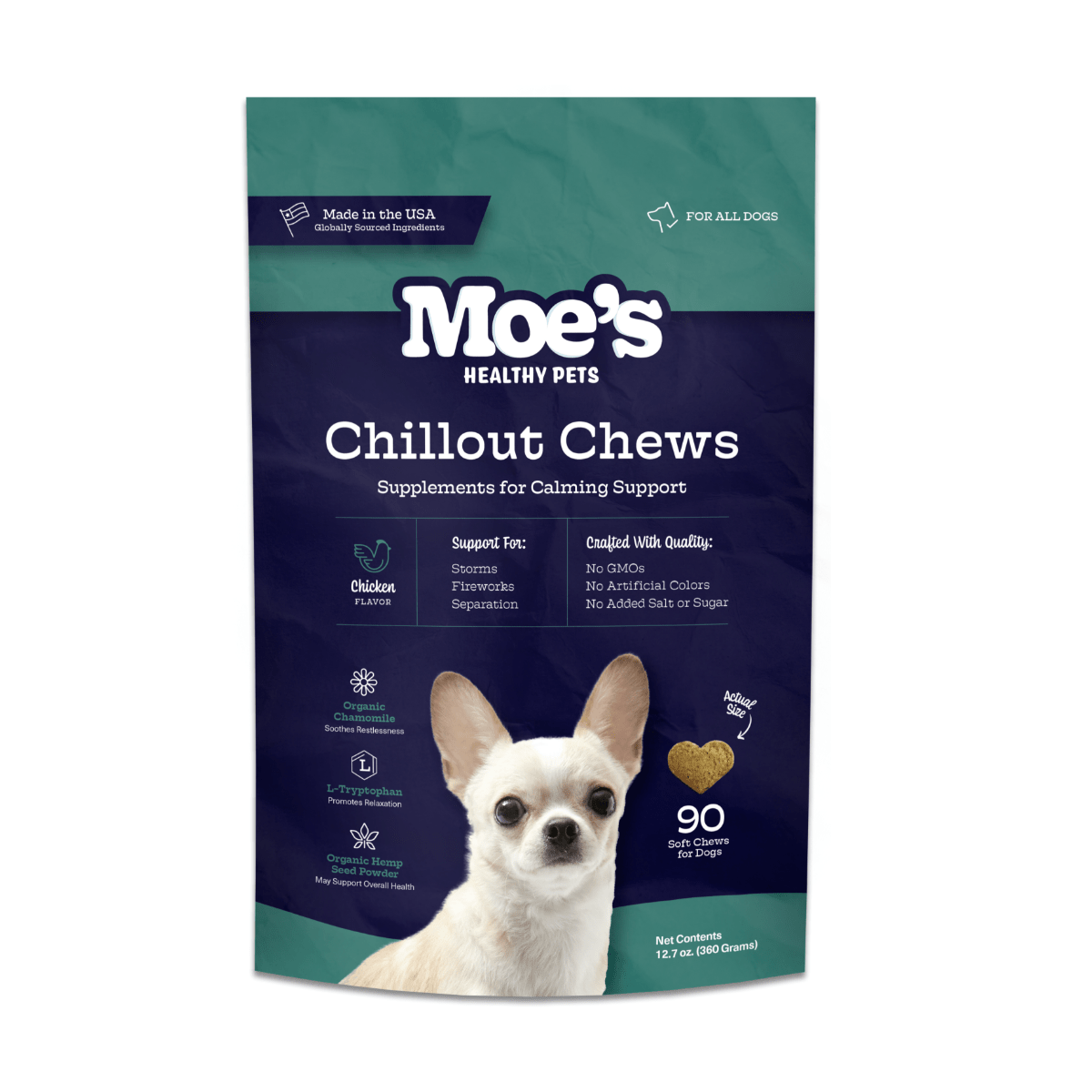 Moe's Healthy Pets Chillout Chews packaging with a dog on a white background
