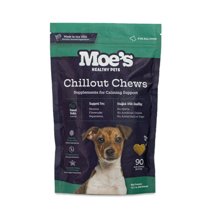 Package of Moe's Healthy Pets Chillout Chews for dogs on a white background