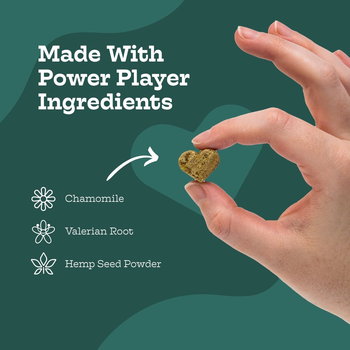 Hand holding a heart-shaped green supplement with text about power player ingredients on a green background