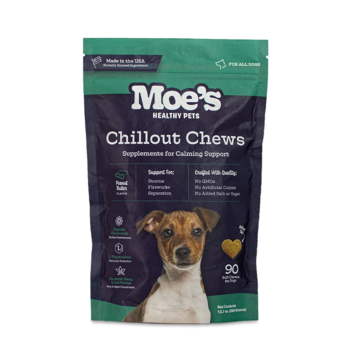 Moe's Healthy Pets Chillout Chews packaging for dogs on a white background
