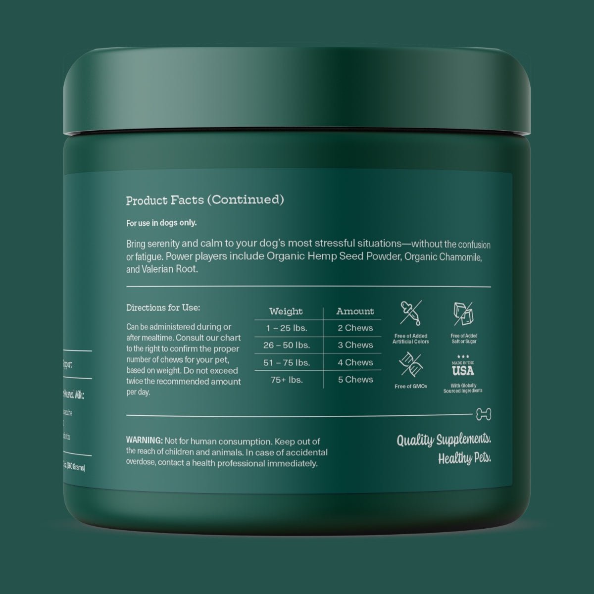 Green supplement container with text on a green background