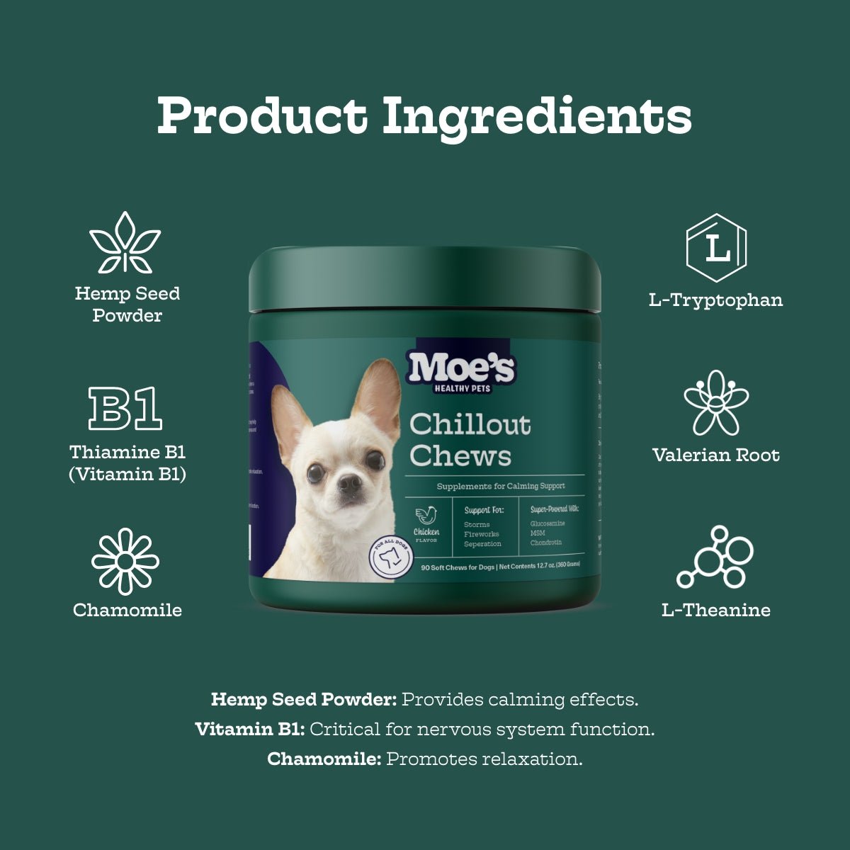 Moe's Chillout Chews container with product ingredients listed on a green background