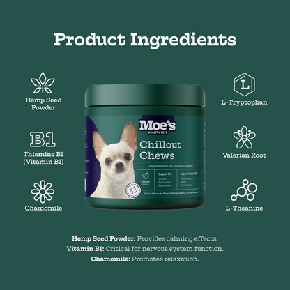 Moe's Chillout Chews container with product ingredients listed on a green background