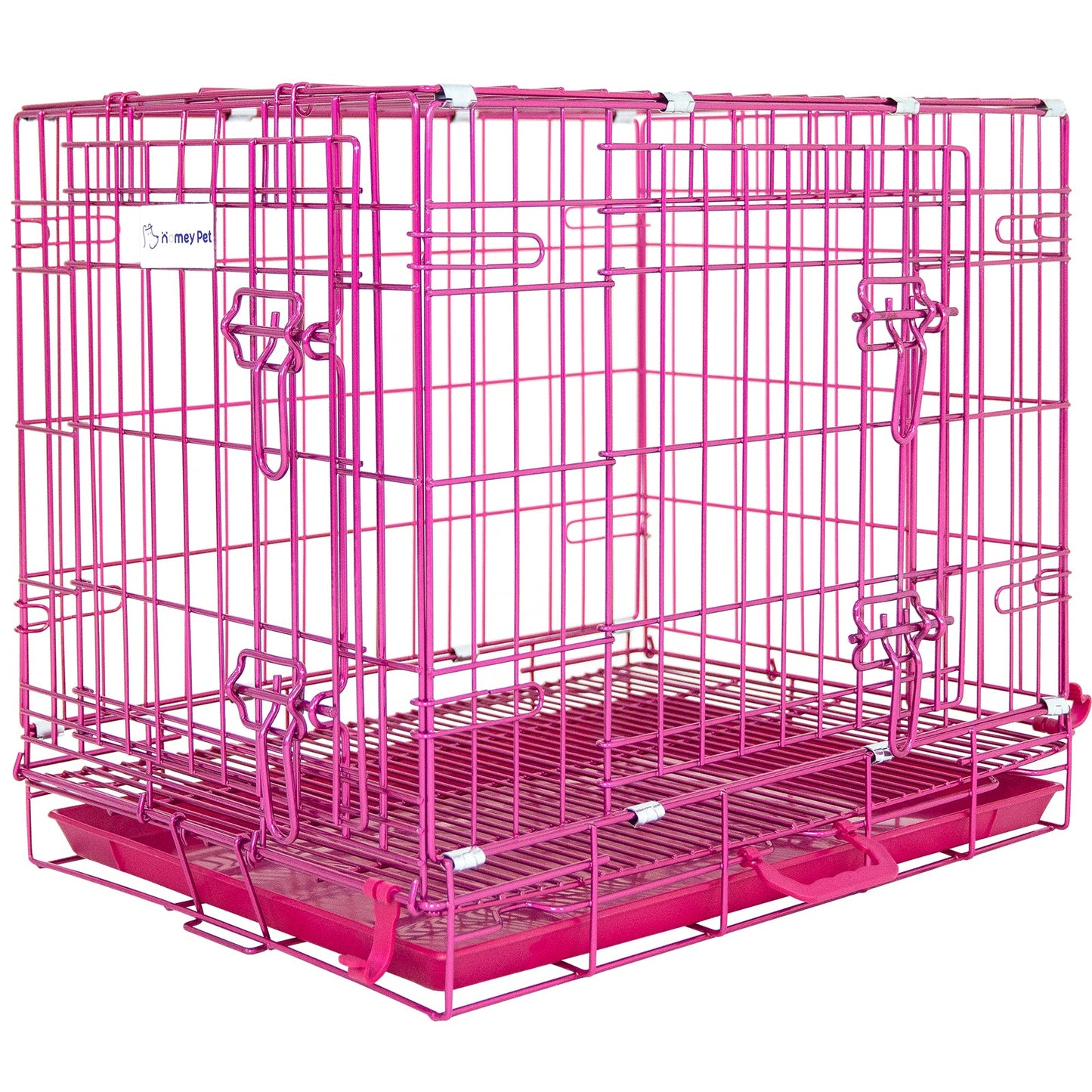 Pink wire pet crate on a white background