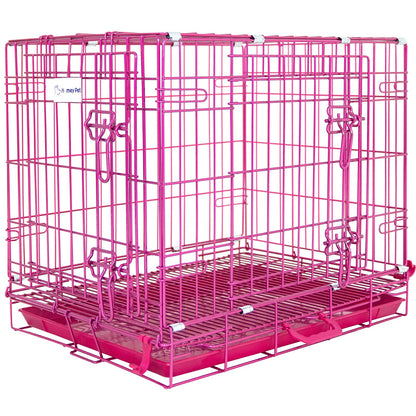 Pink wire pet crate on a white background
