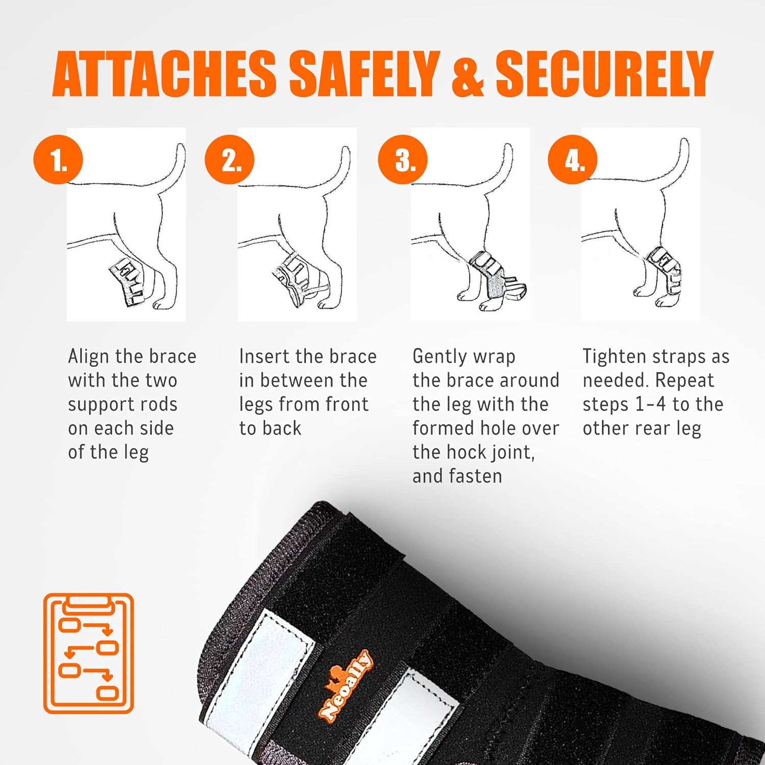 Instructions for safely and securely attaching a dog brace with illustrations and text.