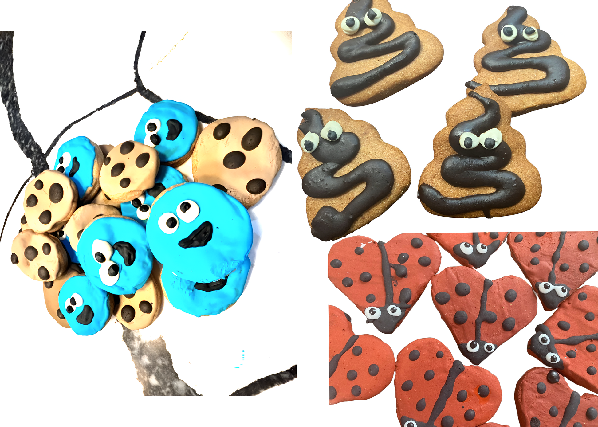 Colorful clay creatures including blue, brown, and red heart-shaped figures with facial features.