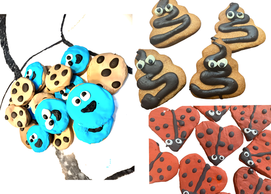 Colorful clay creatures including blue, brown, and red heart-shaped figures with facial features.