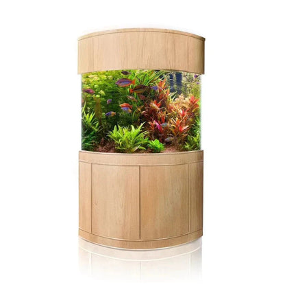 Wooden cylindrical aquarium with fish and plants on a white background