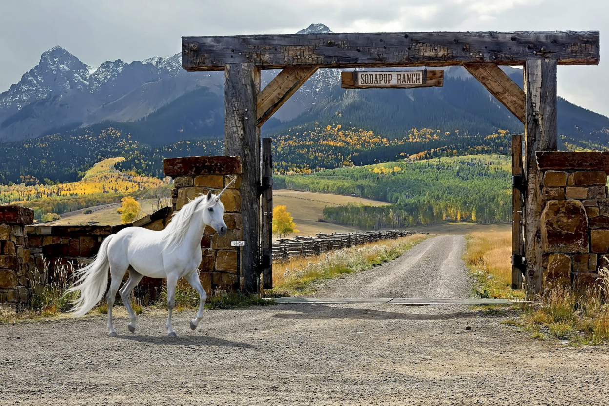 White horse walking on a dirt road with a wooden gate and mountainous landscape in the background