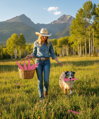 Woman in a cowboy hat walking a dog in a field with mountains in the background