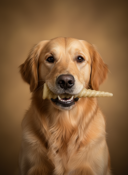 Dog holding a bone-shaped toy in its mouth against a brown background