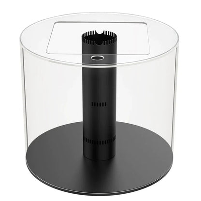 Black cylindrical object with a transparent top on a white background