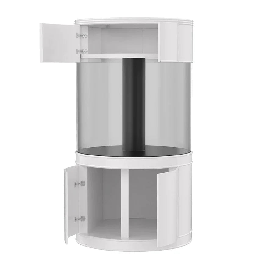 White corner TV stand with glass panels on a white background
