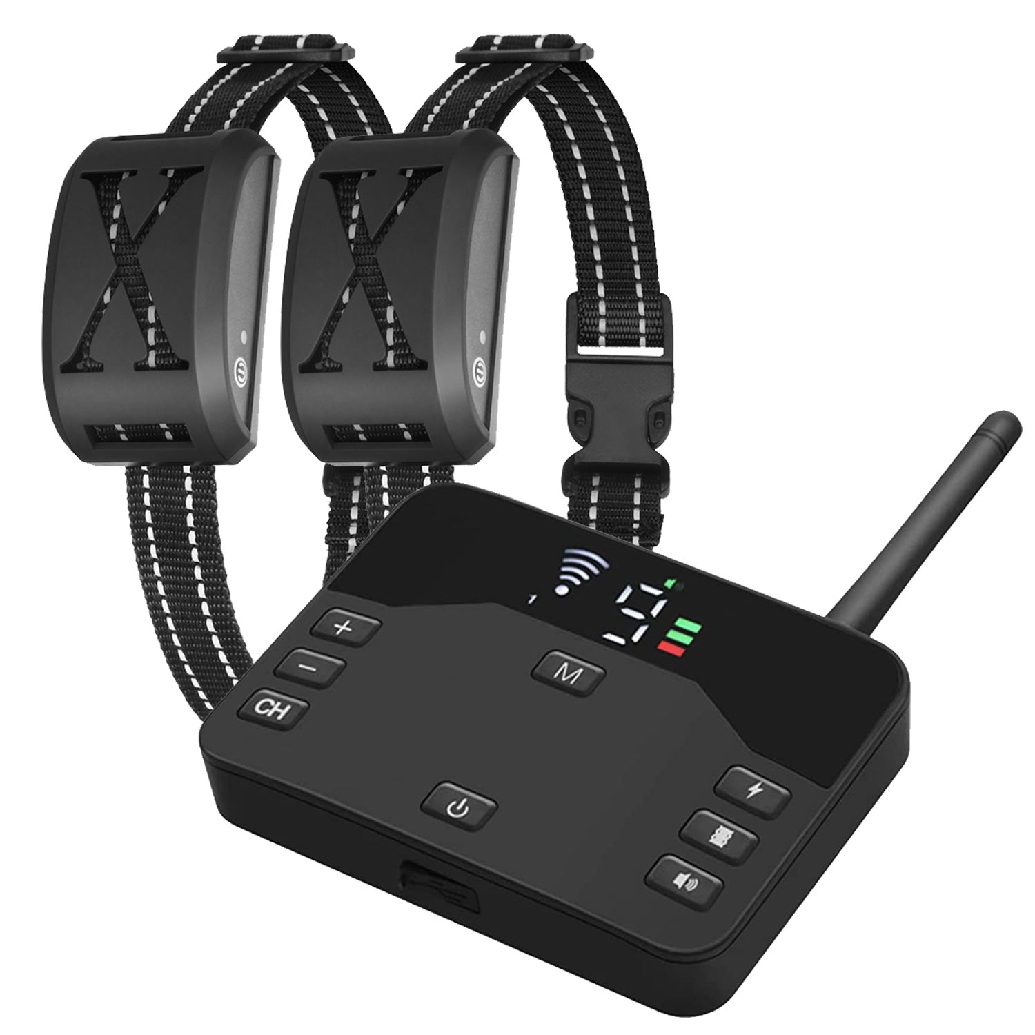 Two black dog collars with a remote control on a white background