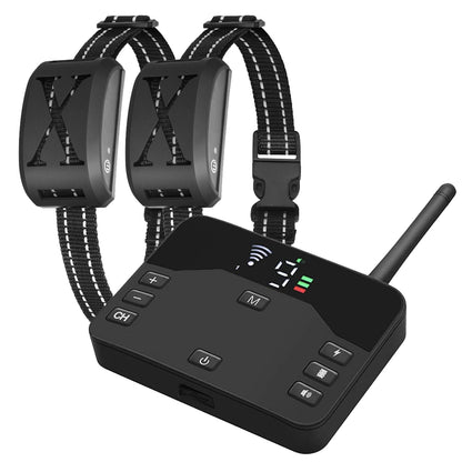 Two black dog collars with a remote control on a white background