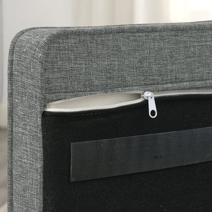 Gray upholstered headboard with a zipper detail