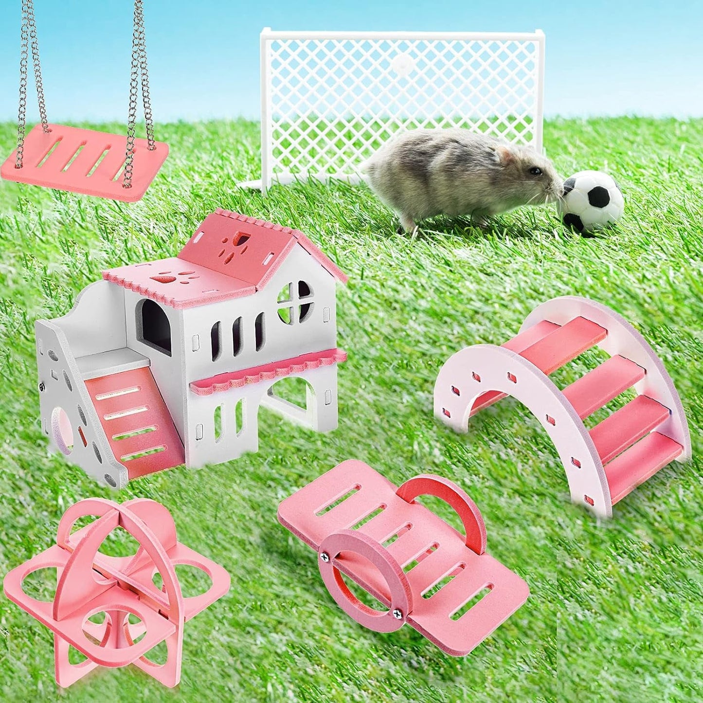 Hamster playground set with various accessories on a grassy background