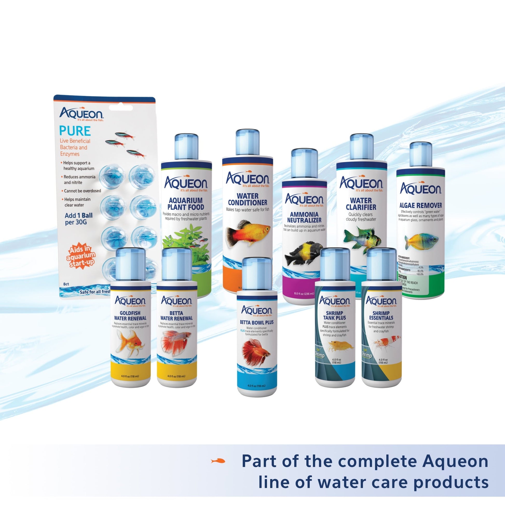 Aqueon aquarium care products including bottles and packaging on a white background.