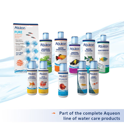 Aqueon aquarium care products including bottles and packaging on a white background.