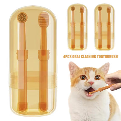 Cat dental care product with toothbrushes and a cat being brushed, with text "4 PCS Oral Cleaning Toothbrush".