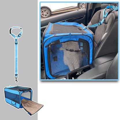 Blue pet carrier with leash attached, shown in a car seat.