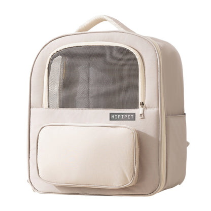 Beige pet carrier backpack with mesh window on a white background