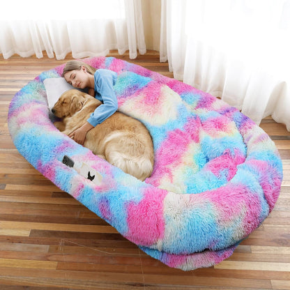 Woman lying on a colorful donut-shaped pet bed with a dog, in a room with curtains.