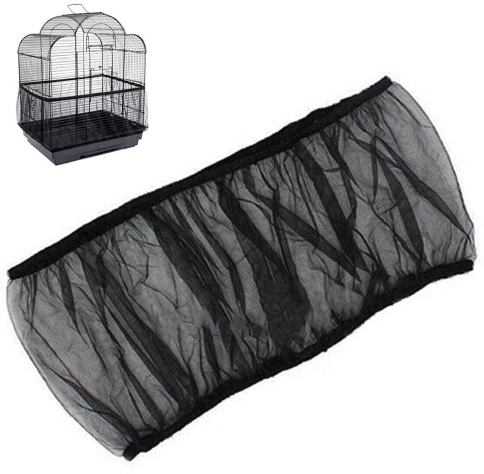 Black bird cage cover with a small bird cage in the corner on a white background
