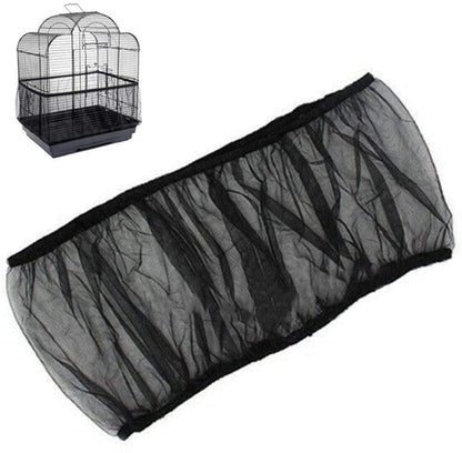 Black bird cage cover with a small bird cage in the corner on a white background