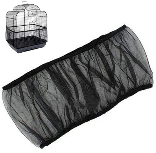 Black bird cage cover with a small bird cage in the corner on a white background