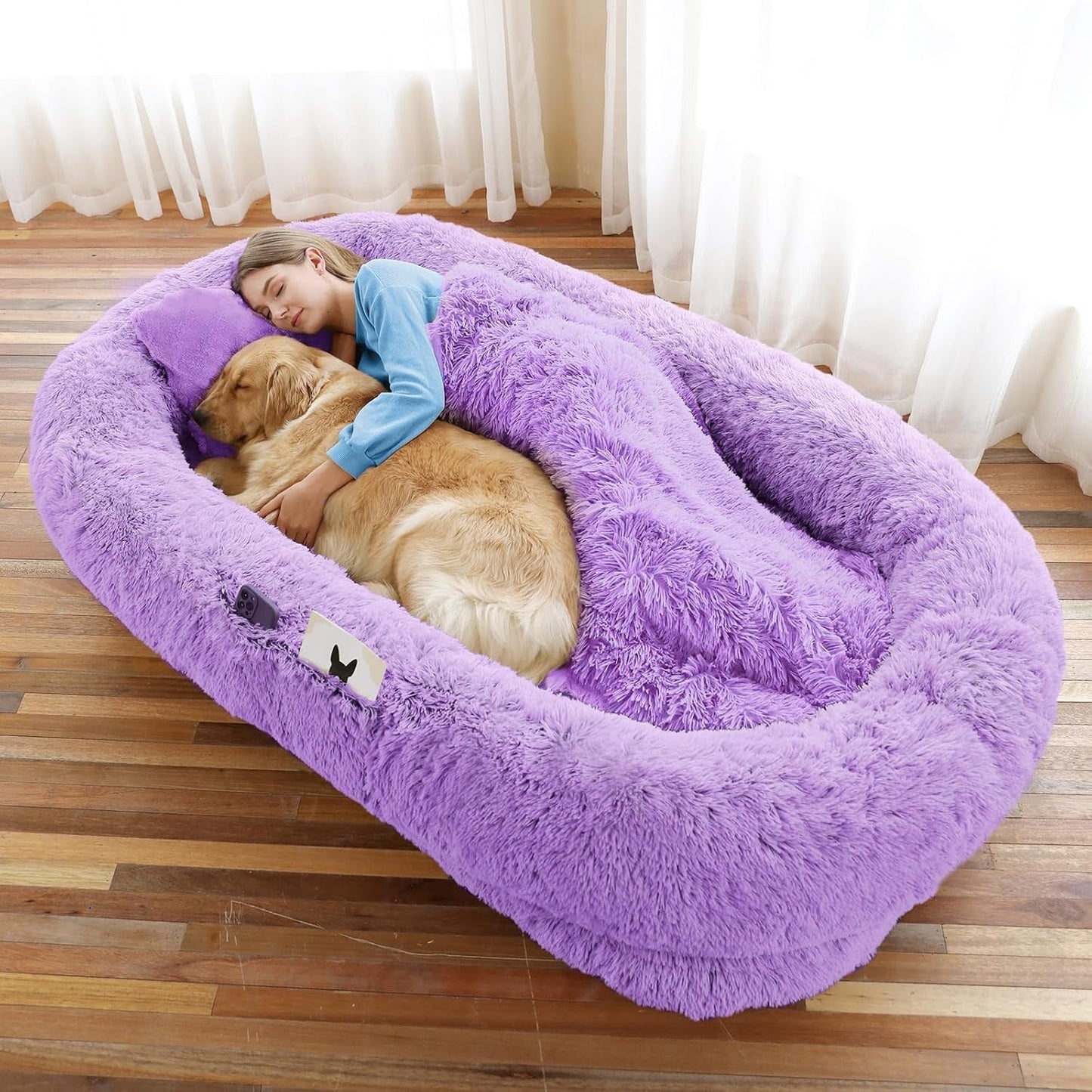 Person hugging a dog on a large purple fluffy pet bed in a room with curtains.