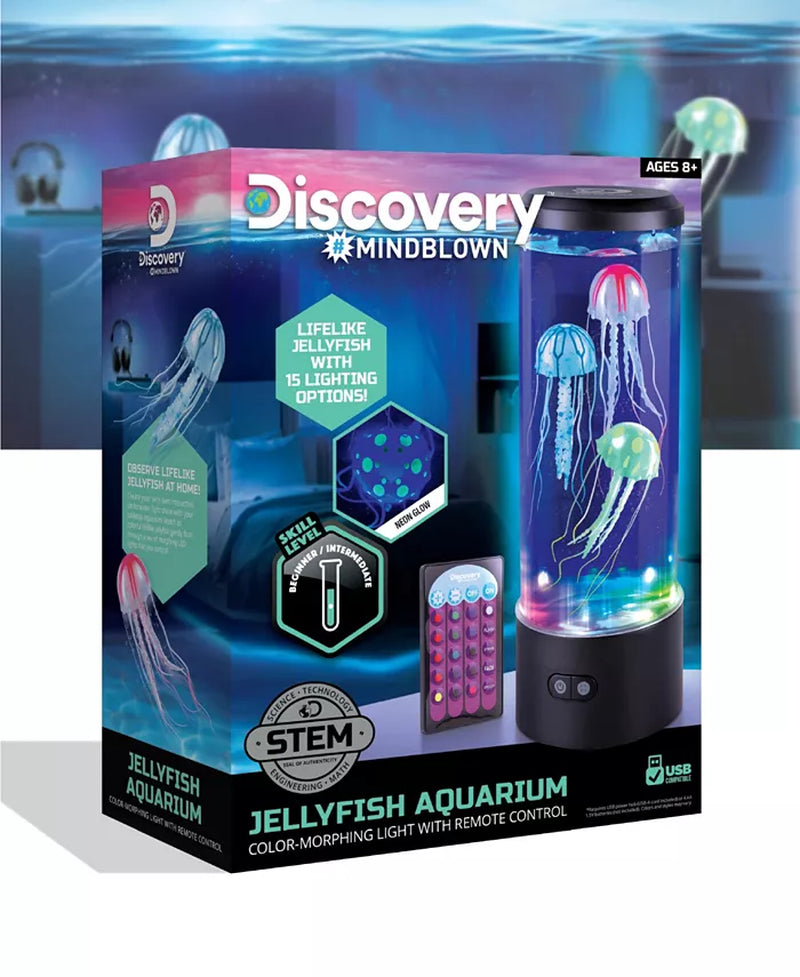 Discovery Mindblown jellyfish aquarium product packaging with remote control on a blue gradient background.