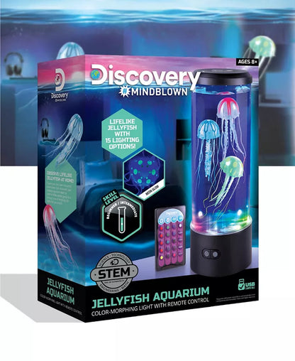 Discovery Mindblown jellyfish aquarium product packaging with remote control on a blue gradient background.