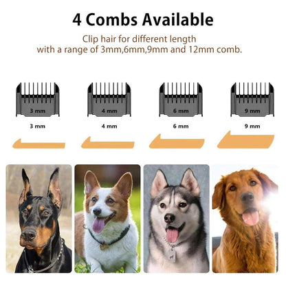 Dog grooming comb set with different width options and images of dogs.