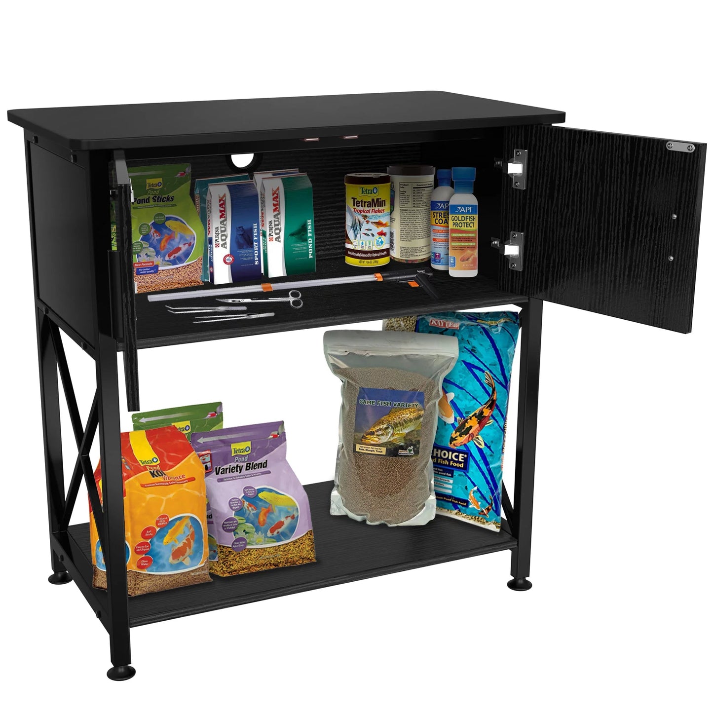 Black cabinet with pet supplies on a white background