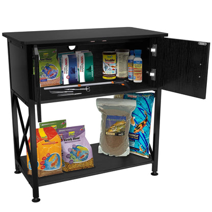 Black cabinet with pet supplies on a white background