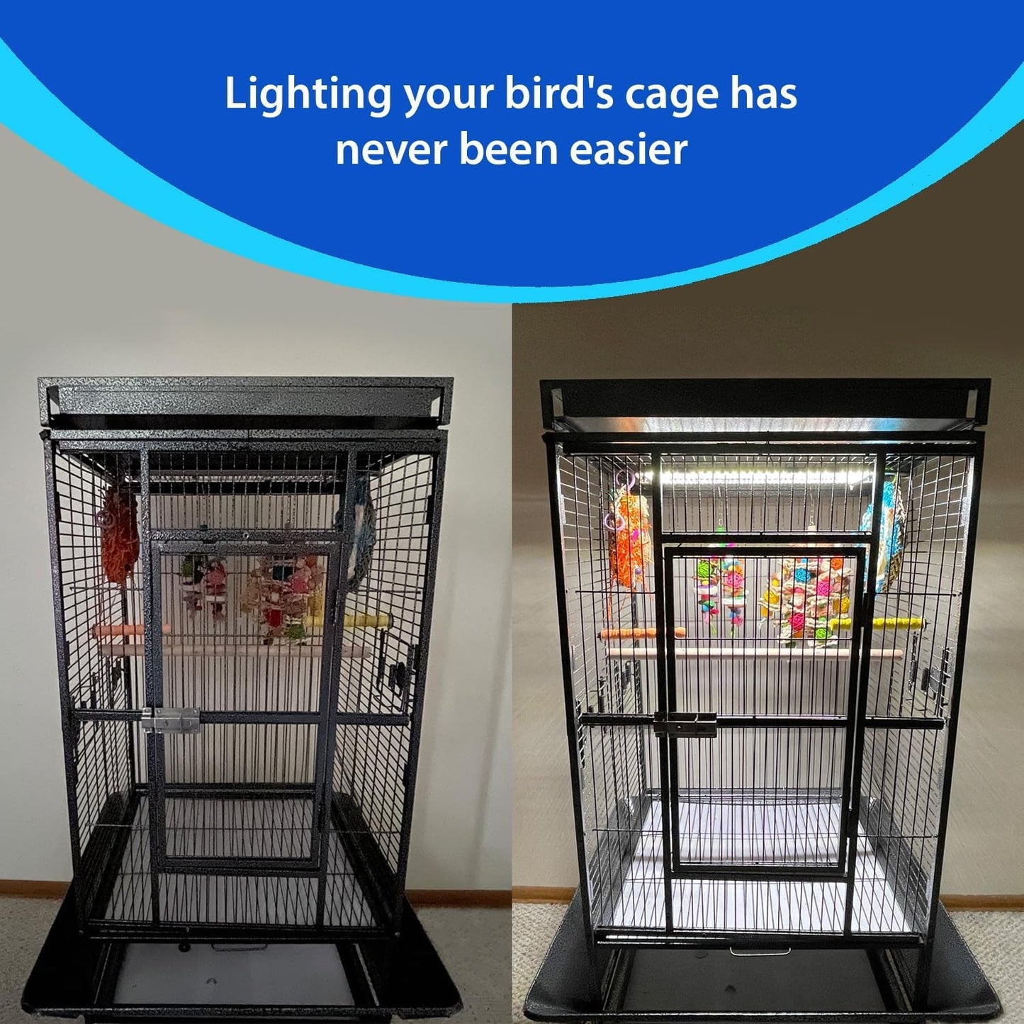 Bird cage with lighting feature on a plain background