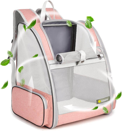 Pink pet carrier backpack with transparent sides on a white background