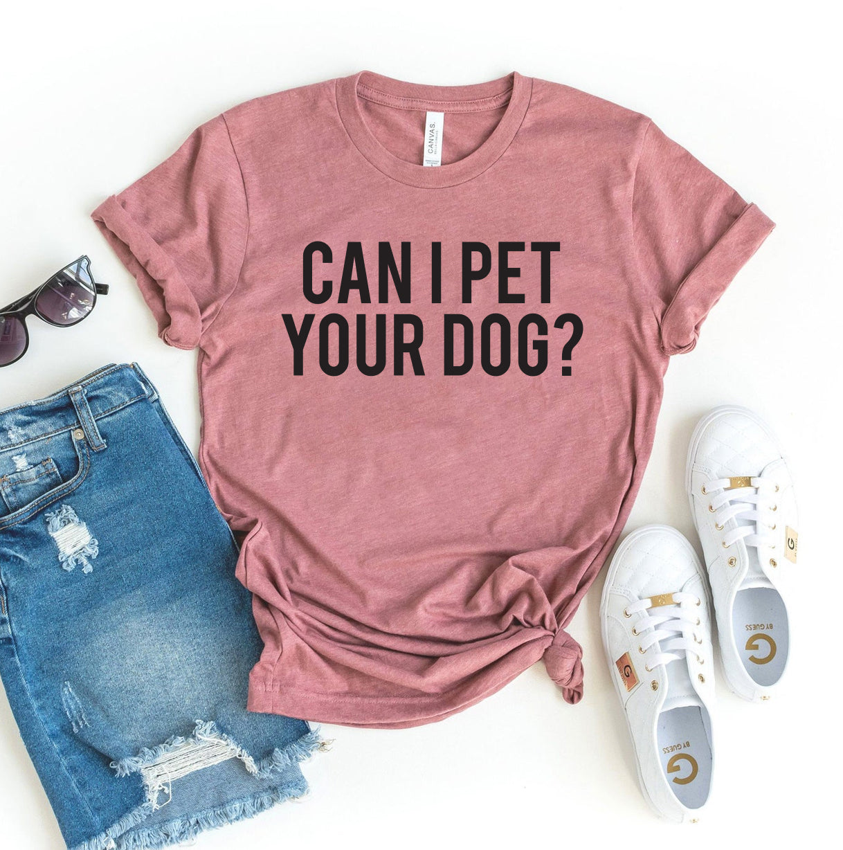 Pink t-shirt with 'Can I Pet Your Dog?' text, blue shorts, and white sneakers on a white background